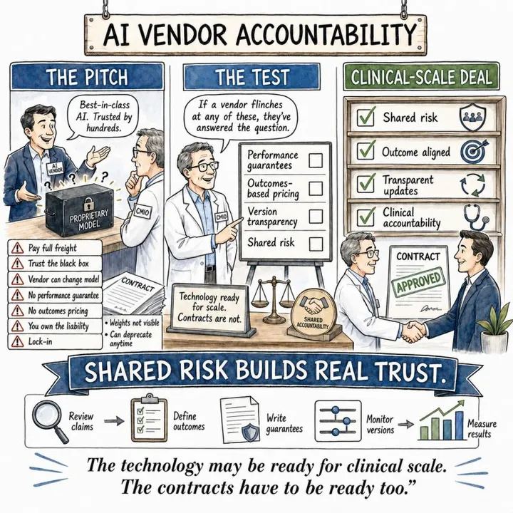 Cartoon titled 'AI Vendor Accountability' in three panels: the pitch (a vendor showing a locked proprietary-model box to a CMIO, with warnings such as trust the black box and no performance guarantee), the test (a checklist of performance guarantees, outcomes-based pricing, version transparency, and shared risk), and the clinical-scale deal (an approved contract and a handshake). The banner reads: 'Shared risk builds real trust.'