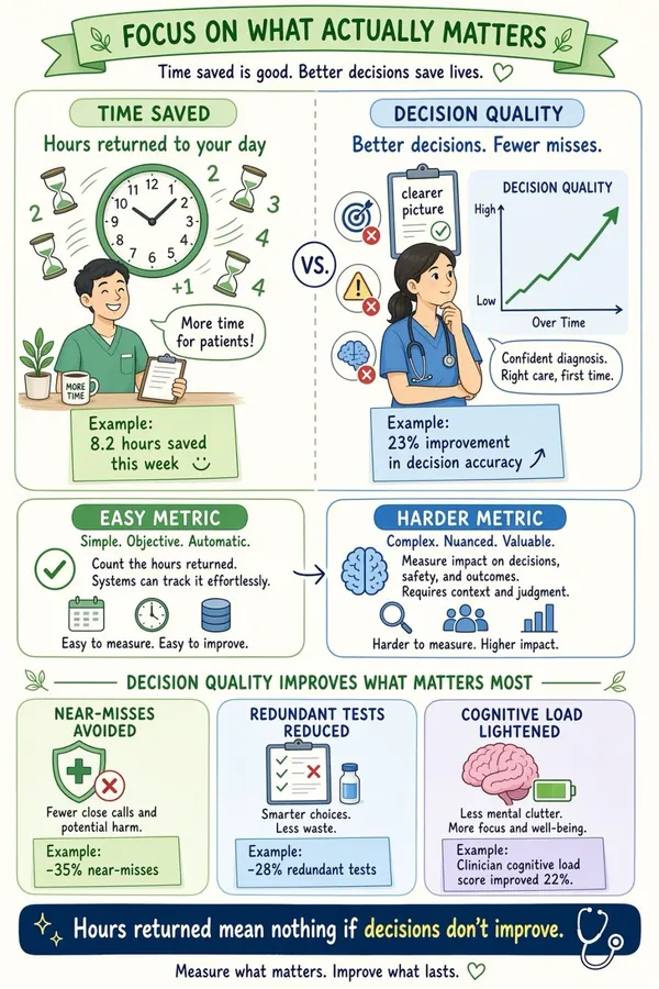 Tall cartoon titled 'Focus on What Actually Matters'. One clinician celebrates 'Time saved: hours returned to your day' while another represents 'Decision quality: better decisions, fewer misses.' Panels contrast an easy metric with a harder metric and show near-misses avoided, redundant tests reduced, and cognitive load lightened, with illustrative example figures. The banner reads: 'Hours returned mean nothing if decisions don't improve.'