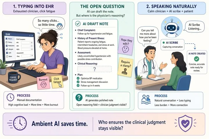Three-panel cartoon. Left, an exhausted clinician typing into the EHR with click fatigue. Center, 'The open question': an AI draft note with a blank clinical reasoning field and sticky notes reading 'Hope they edit?' and 'Require a stamp?'. Right, a calm clinician talking with a patient while an AI scribe listens. The banner reads: 'Ambient AI saves time. Who ensures the clinical judgment stays visible?'