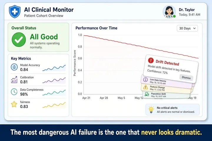 Cartoon of an 'AI Clinical Monitor' dashboard showing an 'All Good' status and healthy-looking key metrics while the performance-over-time line steadily declines, with a stack of dismissed 'Drift detected', feature change, and population shift notices. The banner reads: 'The most dangerous AI failure is the one that never looks dramatic.'
