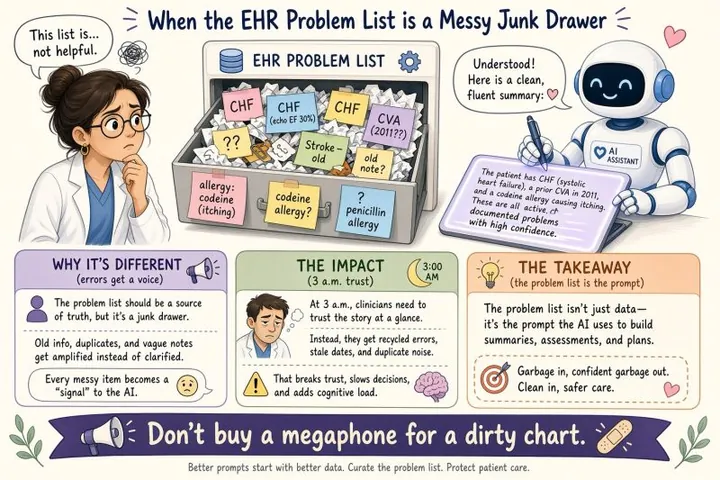 Cartoon titled 'When the EHR Problem List Is a Messy Junk Drawer'. A puzzled clinician looks at a drawer stuffed with duplicate CHF entries, 'CVA (2011??)', and conflicting allergy notes, while a cheerful AI assistant writes a fluent summary repeating them with high confidence. Panels explain why it's different, the 3 a.m. impact, and the takeaway that the problem list is the prompt. The banner reads: 'Don't buy a megaphone for a dirty chart.'