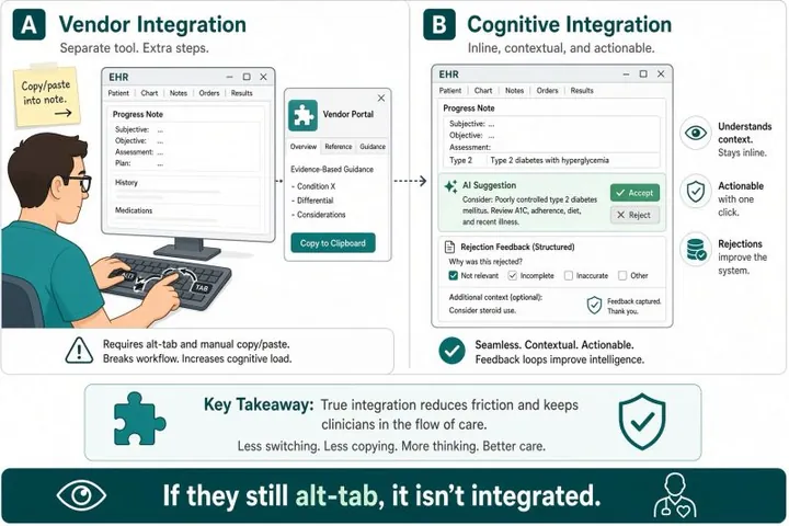 Two-panel cartoon. A, 'Vendor integration': a clinician alt-tabs between the EHR and a separate vendor portal and copy-pastes guidance into the note. B, 'Cognitive integration': an AI suggestion appears inline in the progress note with accept and reject buttons and structured rejection feedback. The banner reads: 'If they still alt-tab, it isn't integrated.'