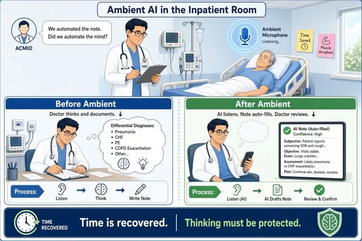 Cartoon titled 'Ambient AI in the Inpatient Room'. An ACMIO asks, 'We automated the note. Did we automate the mind?' Before ambient, a doctor thinks through a differential (pneumonia, CHF, PE, COPD exacerbation) and writes the note: listen, think, write. After ambient, the AI listens and drafts the note while the doctor reviews it on a phone: listen, AI drafts, review and confirm. The banner reads: 'Time is recovered. Thinking must be protected.'