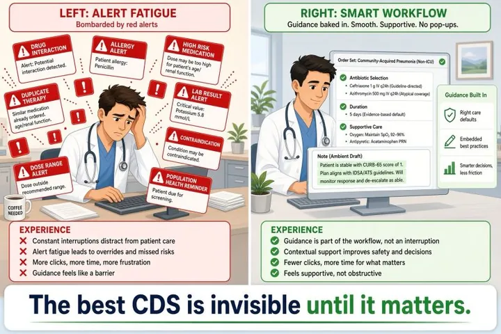Split cartoon. Left, 'Alert fatigue': a physician holding his head is surrounded by red pop-up alerts for drug interactions, allergies, duplicate therapy, high-risk medication, lab results, and dose ranges. Right, 'Smart workflow': the same physician calmly uses an order set with guideline-based defaults and an ambient draft note, with guidance built in. The banner reads: 'The best CDS is invisible until it matters.'