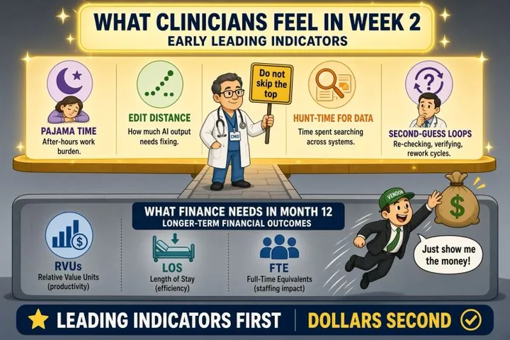 Cartoon of a two-tier stage. The top tier, 'What clinicians feel in week 2', shows pajama time, edit distance, hunt-time for data, and second-guess loops, with a CMIO holding a sign 'Do not skip the top'. The lower tier, 'What finance needs in month 12', shows RVUs, length of stay, and FTEs, while a vendor leaps toward a money bag shouting 'Just show me the money!' The banner reads: 'Leading indicators first. Dollars second.'