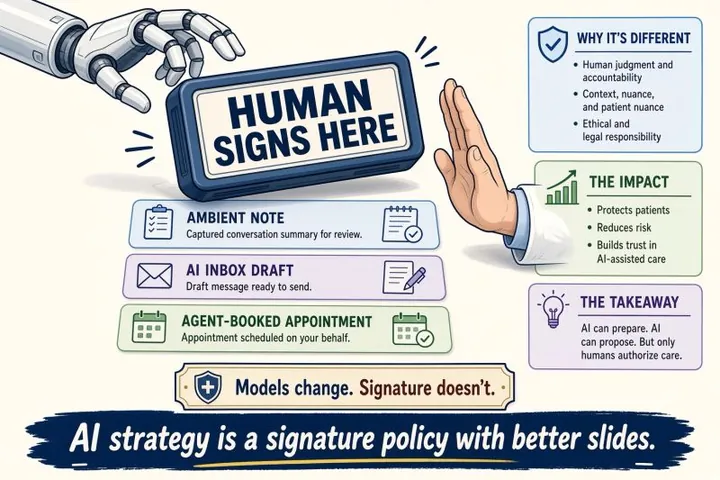 Cartoon of a robotic hand reaching for a large 'Human signs here' button while a human hand signals stop. Below it are an ambient note, an AI inbox draft, and an agent-booked appointment. Side panels list why it's different, the impact, and the takeaway: 'AI can prepare. AI can propose. But only humans authorize care.' A sign reads 'Models change. Signature doesn't.' The banner reads: 'AI strategy is a signature policy with better slides.'
