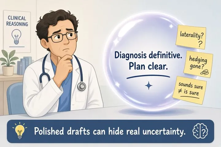 Cartoon of a physician with his hand on his chin eyeing a glossy bubble that reads 'Diagnosis definitive. Plan clear.' Sticky notes beside it ask 'laterality?', 'hedging gone?', and note 'sounds sure ≠ is sure'. The banner reads: 'Polished drafts can hide real uncertainty.'