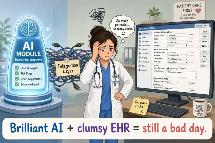 Cartoon of a frustrated physician standing between a glowing 'AI Module: Smart. Fast. Supportive.' and a cluttered EHR screen full of required fields, with a tangle of cables labeled 'Integration Layer' between them. She thinks 'So much potential... so many clicks.' A sticky note reads 'Too many clicks!' and a sign reads 'Patient care first (if you can find the right tab...)'. The banner reads: 'Brilliant AI + clumsy EHR = still a bad day.'