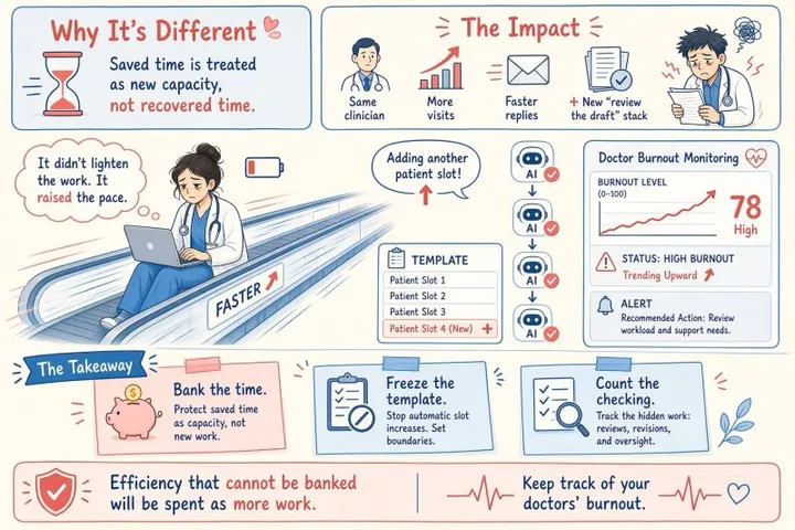 Cartoon of a tired physician working on a laptop while riding a moving walkway labeled 'Faster', thinking 'It didn't lighten the work. It raised the pace.' Nearby, a template gains a new 'Patient Slot 4' and a doctor burnout monitor shows a high score trending upward. Takeaway cards read 'Bank the time', 'Freeze the template', and 'Count the checking'. The banner reads: 'Efficiency that cannot be banked will be spent as more work. Keep track of your doctors' burnout.'