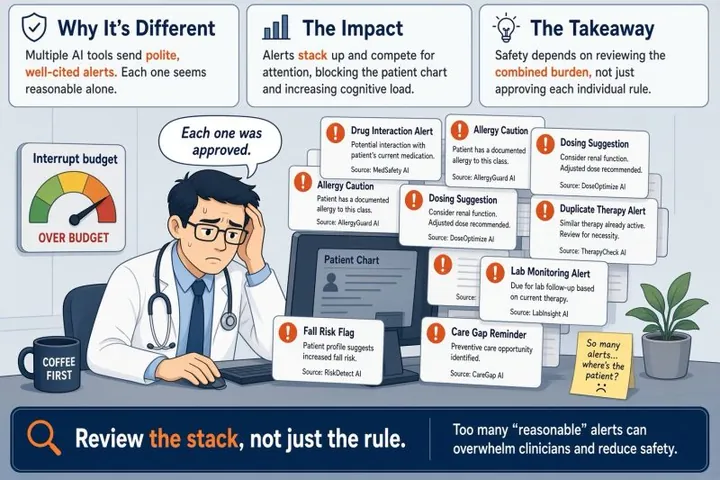 Cartoon of an overwhelmed physician holding his head as a pile of AI-generated alert cards (drug interaction, allergy caution, dosing suggestion, duplicate therapy, lab monitoring, fall risk, care gap reminder) covers the patient chart. He says 'Each one was approved.' An 'Interrupt budget' gauge reads 'Over budget', and a sticky note asks 'So many alerts... where's the patient?' Panels across the top are titled 'Why It's Different', 'The Impact', and 'The Takeaway'. The banner reads: 'Review the stack, not just the rule. Too many reasonable alerts can overwhelm clinicians and reduce safety.'
