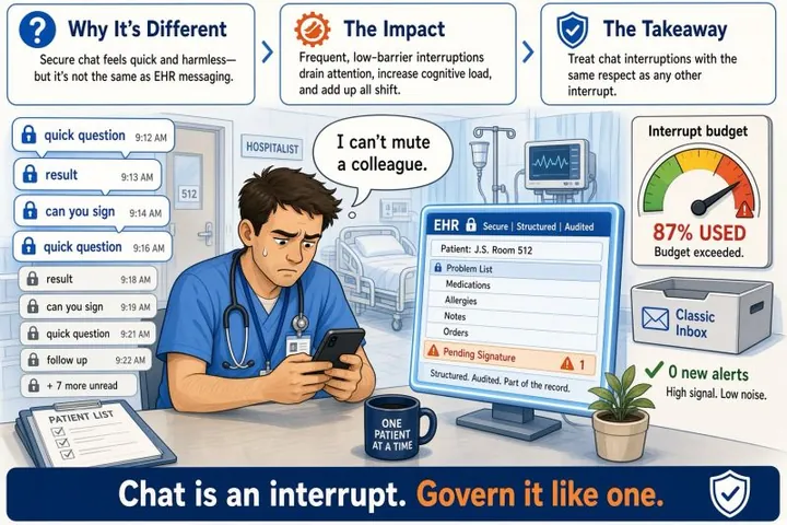 Cartoon of a stressed hospitalist staring at a phone flooded with secure chat messages such as 'quick question', 'result', and 'can you sign', plus seven more unread, saying 'I can't mute a colleague.' Beside him, an EHR screen is labeled 'Structured. Audited. Part of the record.' and an 'Interrupt budget' gauge reads '87% used, budget exceeded'. Panels across the top are titled 'Why It's Different', 'The Impact', and 'The Takeaway'. The banner reads: 'Chat is an interrupt. Govern it like one.'