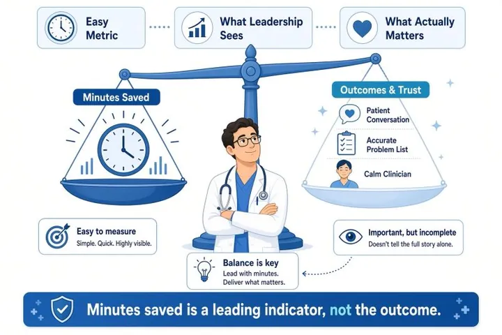 Cartoon of a physician with arms crossed standing at the center of a balance scale. One pan, labeled 'Minutes Saved', holds a clock and is marked 'Easy to measure'. The other, labeled 'Outcomes & Trust', holds patient conversation, an accurate problem list, and a calm clinician, marked 'Important, but incomplete'. Header boxes read 'Easy Metric', 'What Leadership Sees', and 'What Actually Matters'; a note says 'Balance is key: Lead with minutes. Deliver what matters.' The banner reads: 'Minutes saved is a leading indicator, not the outcome.'